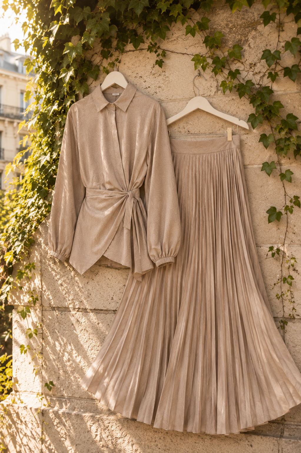 Ensemble 2 Pièces Élégant — Top Noué Col Chemise & Jupe Plissée Maxi | Bleu, Beige, Violet