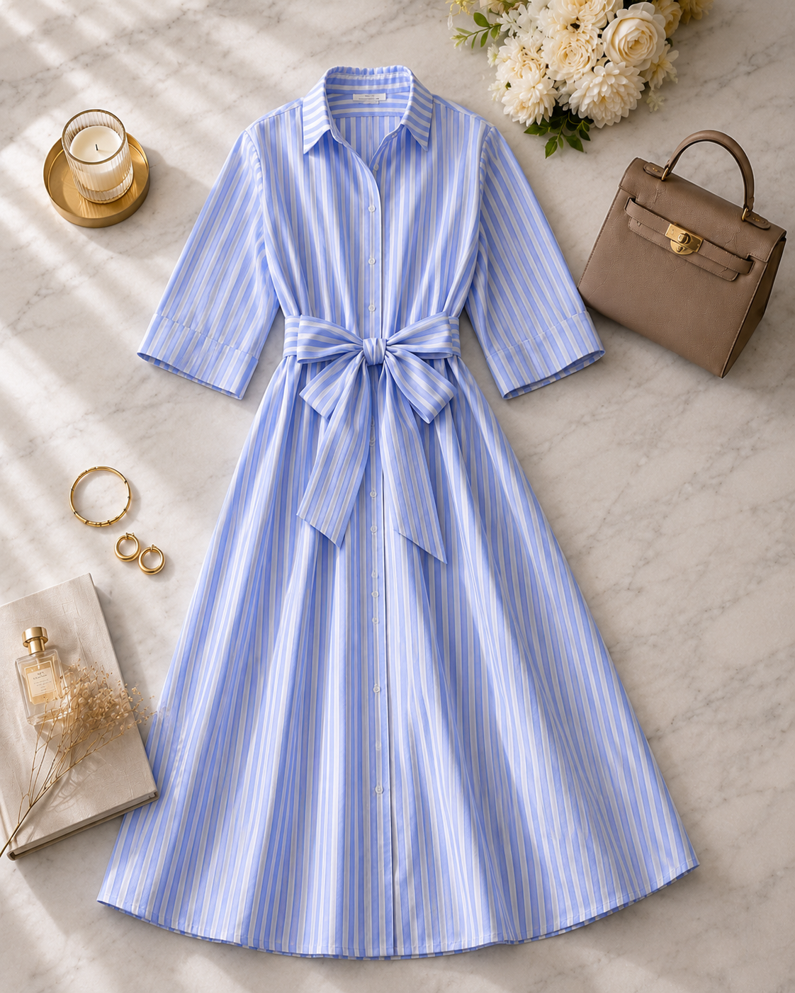 Robe Chemise Longue Rayée Ceinturée — Élégance Intemporelle | Bleu Rayé | Safa Modesty