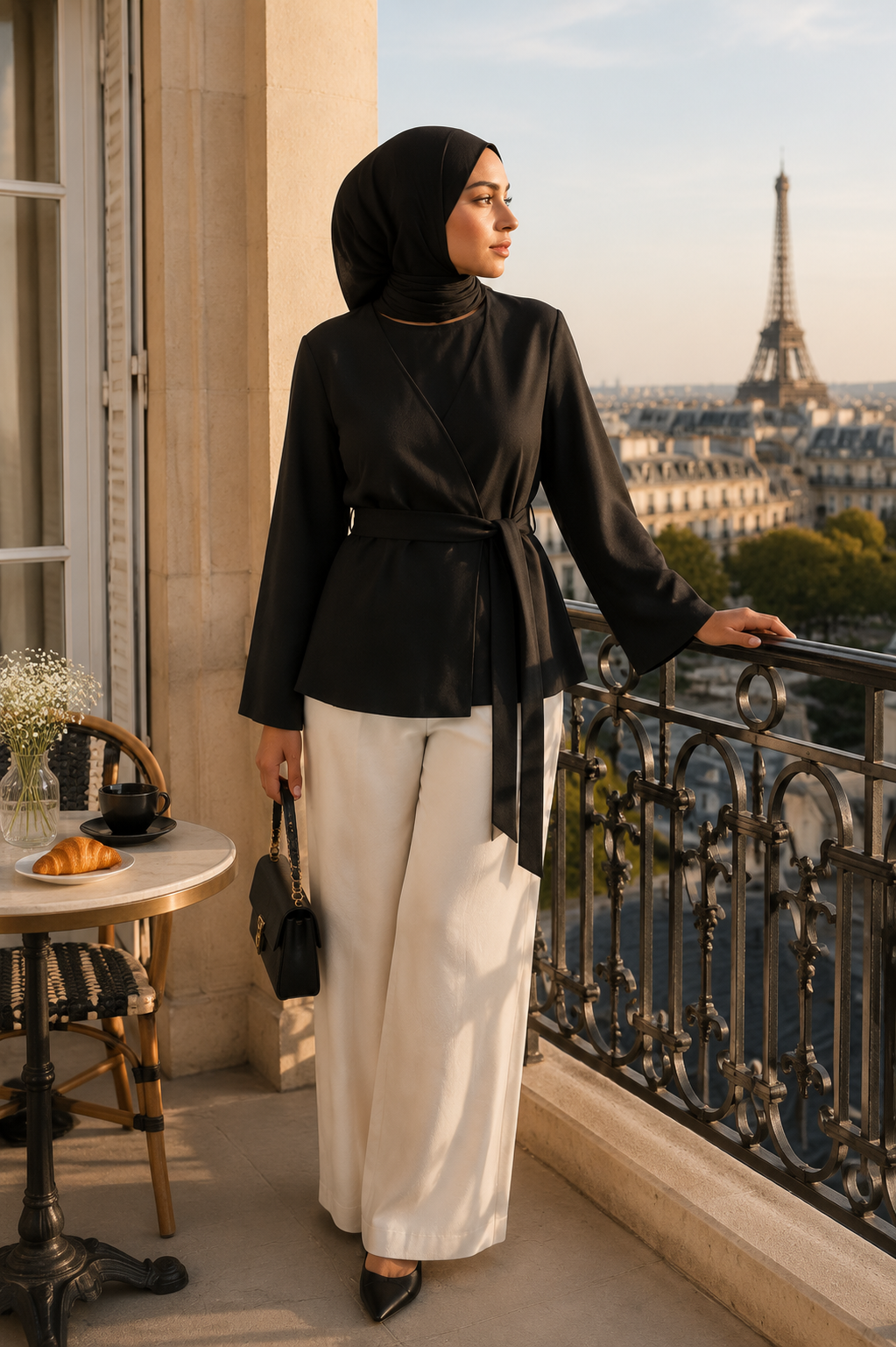 Haut Cache-Cœur Ceinturé Manches Ballon — Blanc, Noir, Bordeaux | Style Modest Chic