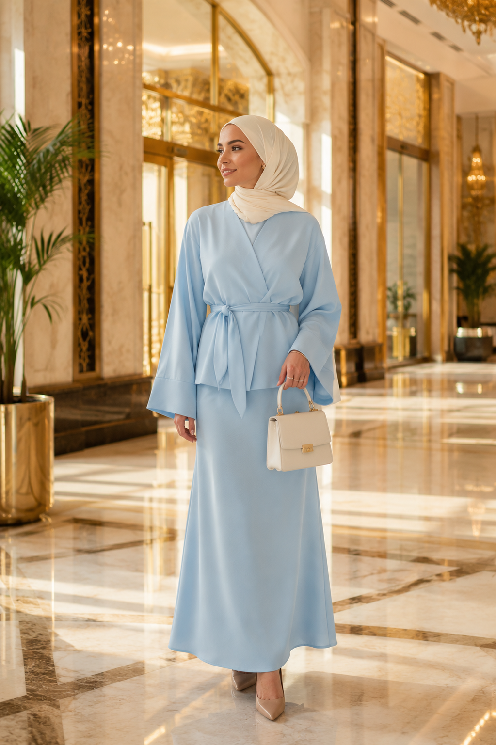 Ensemble 2 Pièces Élégant Bleu Ciel — Haut Ceinturé Manches Larges & Jupe Longue | Style Modest Chic