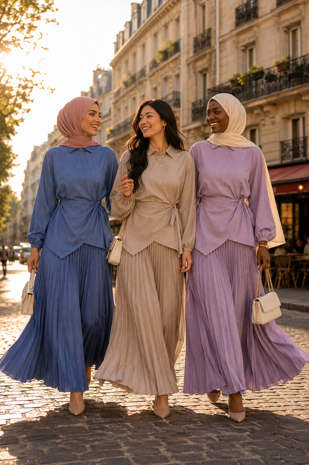 Ensemble 2 Pièces Élégant — Top Noué Col Chemise & Jupe Plissée Maxi | Bleu, Beige, Violet