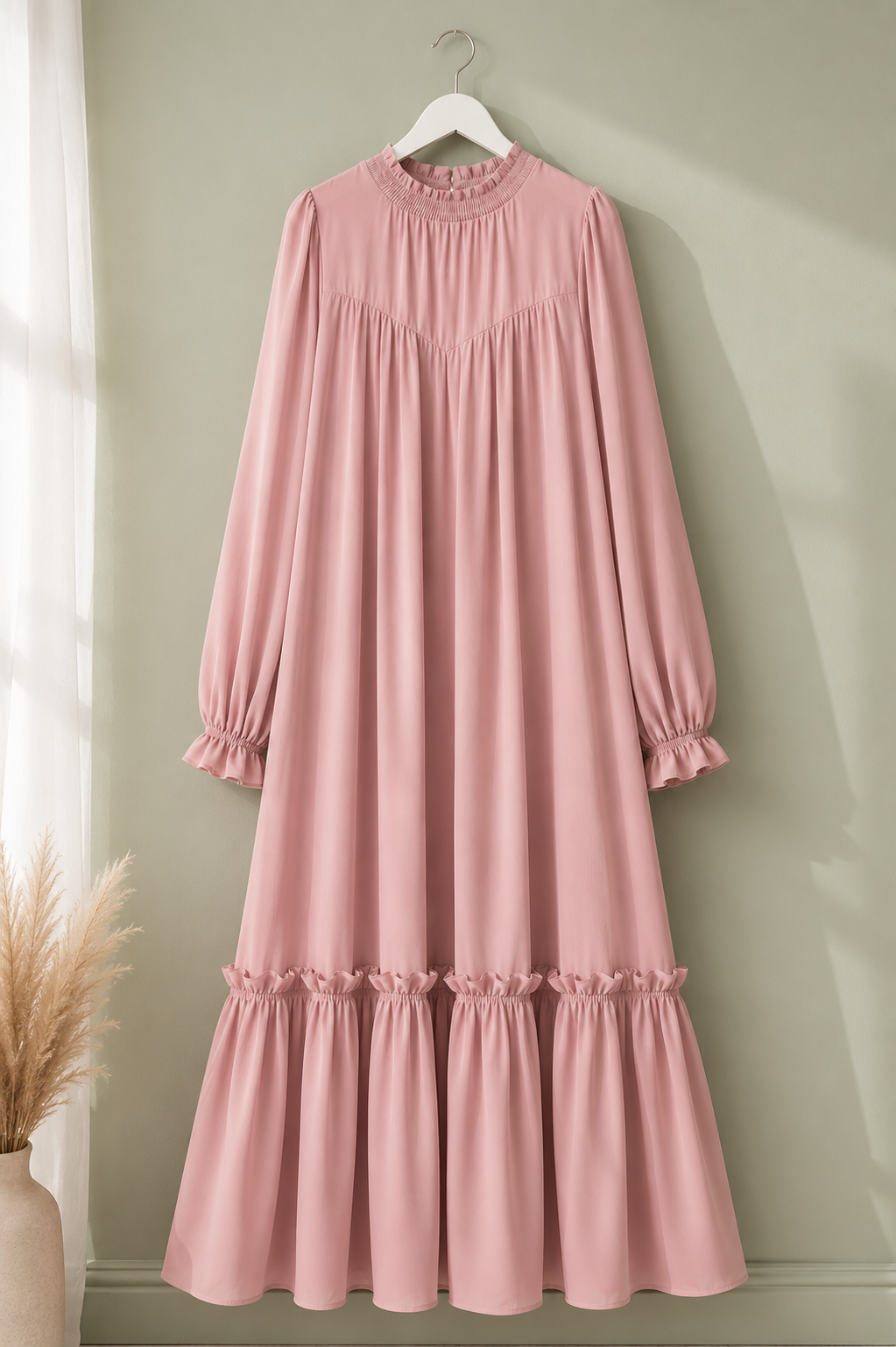 Abaya Longue Élégante à Volants — Col Rond Manches Longues | Rose, Bleu, Marron | Mode Modest