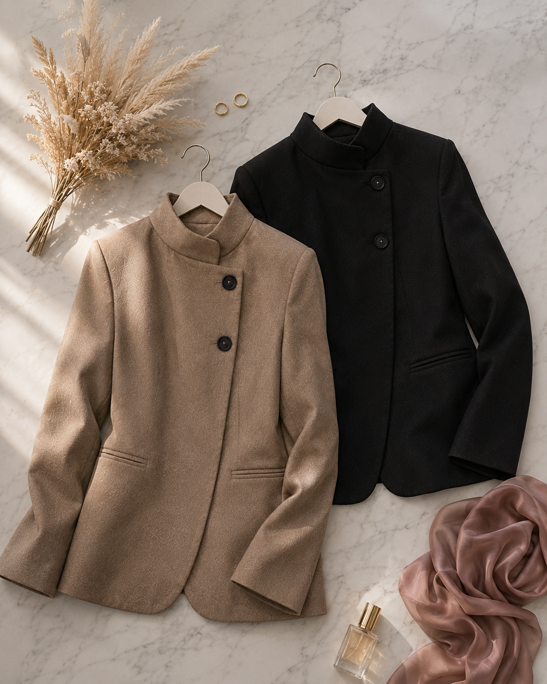 Blazer Élégant Col Montant Bouton Unique — Veste Chic Modest | Taupe , Noir